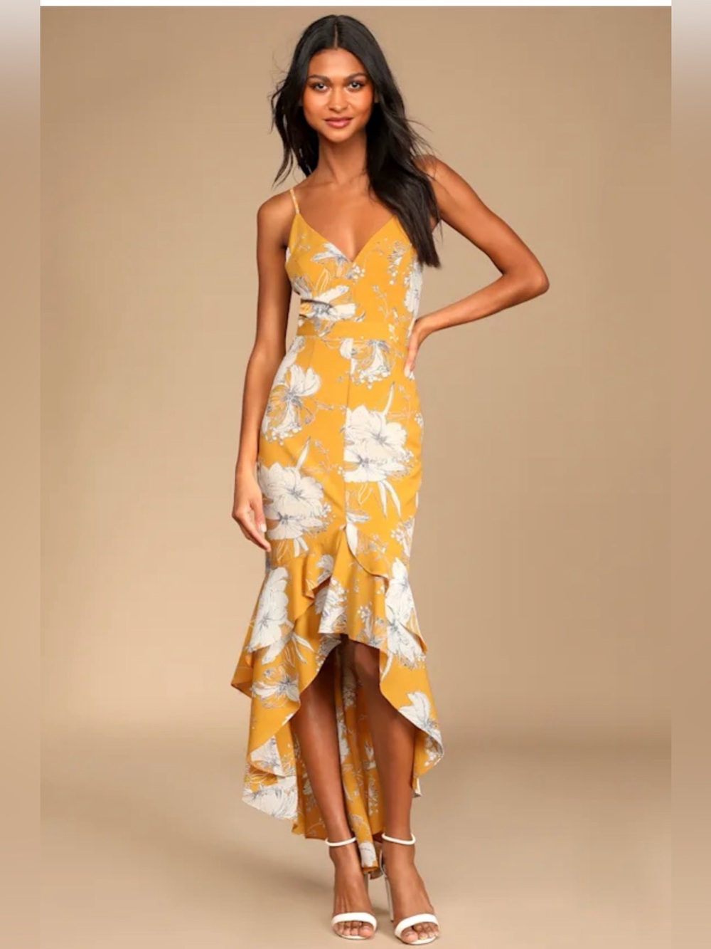 Lulus Darling Daylily Mustard Yellow Floral Ruffle High Low Dress